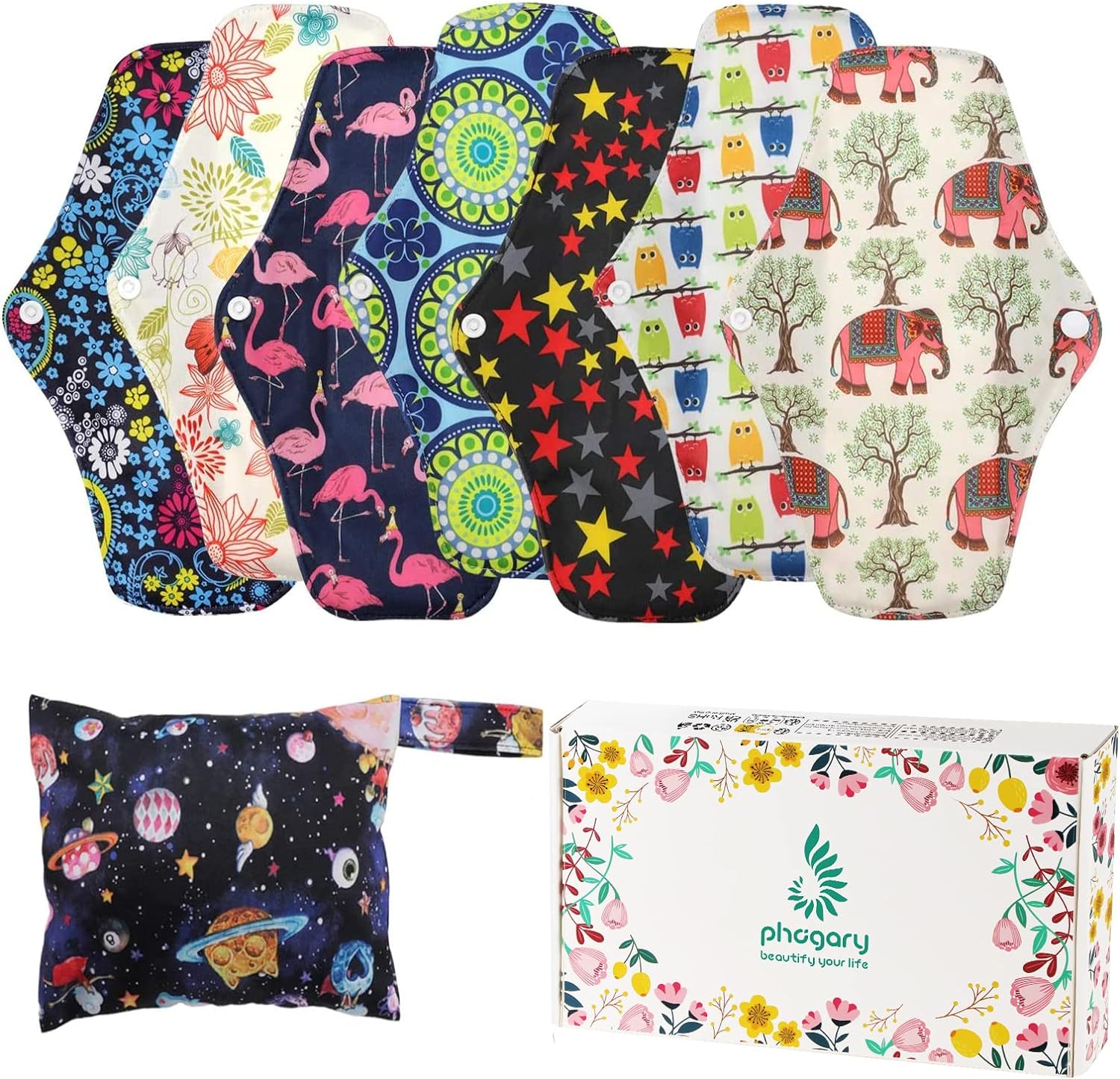 Reusable Menstrual Pads (7 in 1, 10in*7in), PHOGARY Bamboo Cloth Pads for Heavy Flow with Wet Bag, Large Sanitary Pads Set with Wings for Women, Washable Overnight Cloth Panty Liners Period Pads