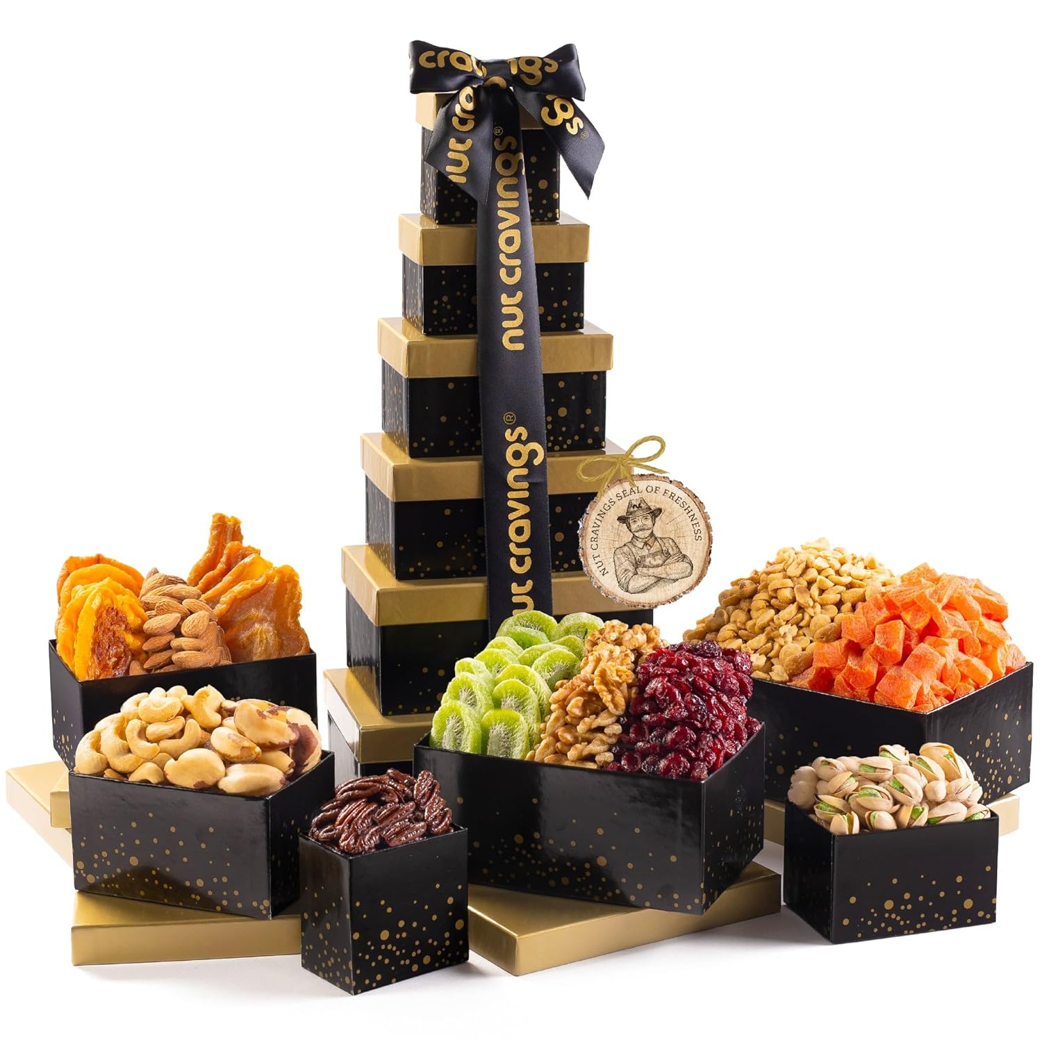 Nut Cravings Gourmet Collection - Dried Fruit & Mixed Nuts Gift Basket Black Tower + Ribbon (12 Assortments) Teacher Appreciation Arrangement Platter Bday Care Package Healthy Kosher