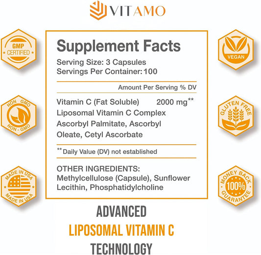 Liposomal Vitamin C 2000mg | Superior Delivery System | 300 Capsules Immune Support & Collagen Booster | High Absorption Ascorbic Acid, High Dose Vitamin c, Zero Soy, 100% Non?GMO