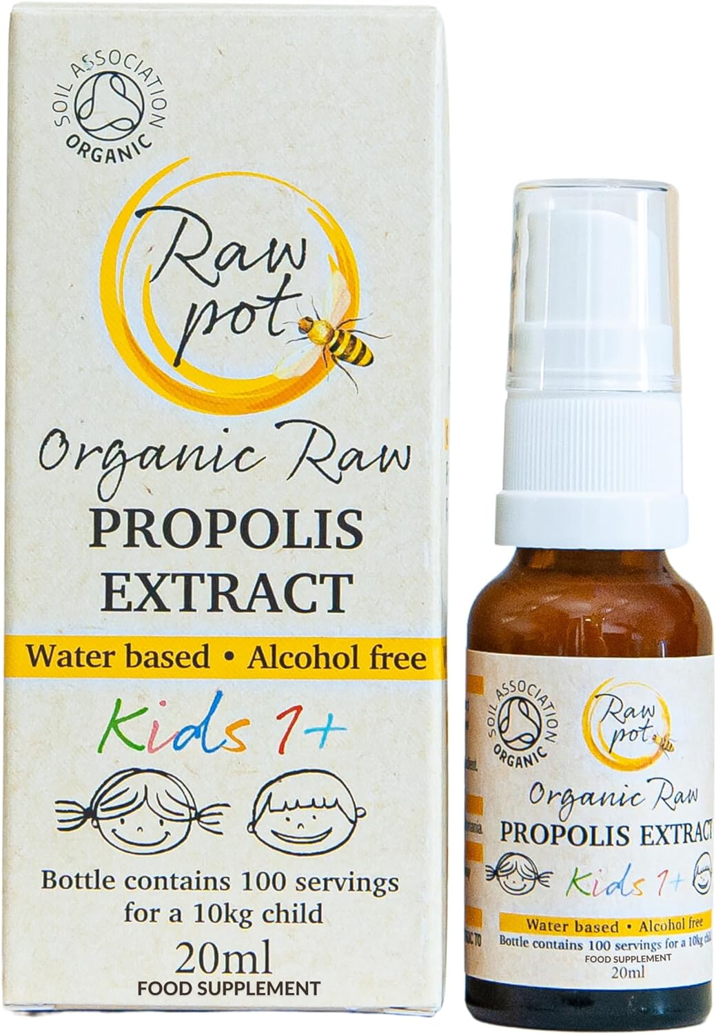 Raw Pot - Organic Raw Propolis Spray For Kids 1+ - Alcohol-Free Pure Unpasteurised Natural Bee Propolis Liquid For Sore Throat Relief, Children Immune Support, Immunity Supplement For Kids (20Ml)