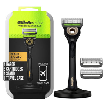 Gillette Labs Razor For Men With Exfoliating Bar Gold Edition, Includes 1 Handle, 3 Razor Blade Refills, 1 Travel Case, 1 Premium Magnetic Stand