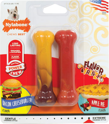 Nylabone Power Chew Flavor Frenzy Bone Chew Toy For Dogs, Indestructible Chew Toys For Aggressive Chewers, Bacon Cheeseburger & Apple Pie Flavor, Small/Regular - Up To 25 Ibs. (2 Count)
