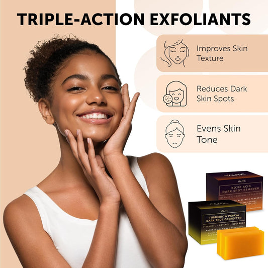 Valitic Papaya And Turmeric Kojic Acid Soap Bar - Dark Spot Corrector Skin Care Cleansing Bar - Infused With Vitamin C, Hyaluronic Acid, Collagen - Papaya 2 Pack, Kojic Acid 2 Pack