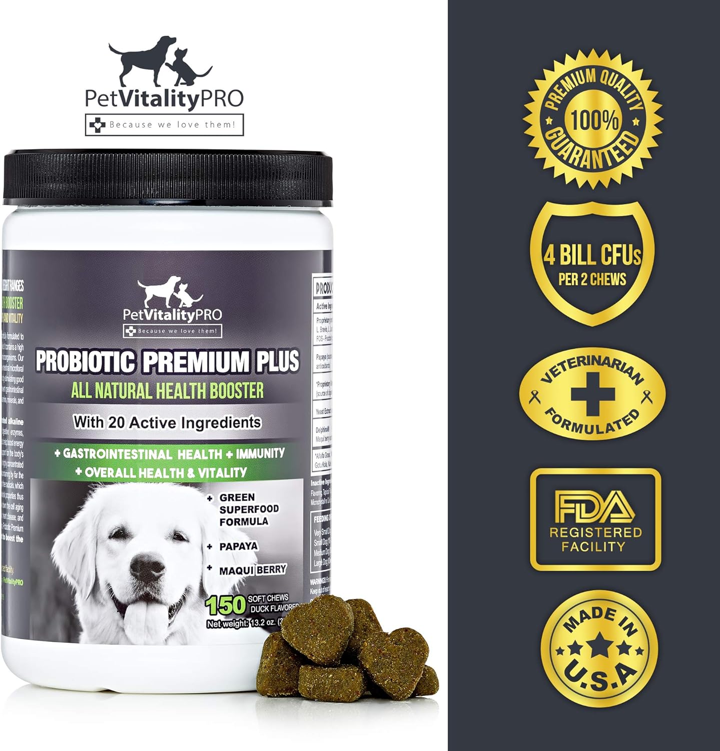 PetVitalityPRO Probiotics for Dogs with Natural Digestive Enzymes ? 4 Bill CFUs/2 Soft Chews ? Dog Diarrhea Upset Stomach Yeast Gas Bad Breath Immunity Allergies Skin Itching Hot Spots ? 150 Count : Pet Supplies