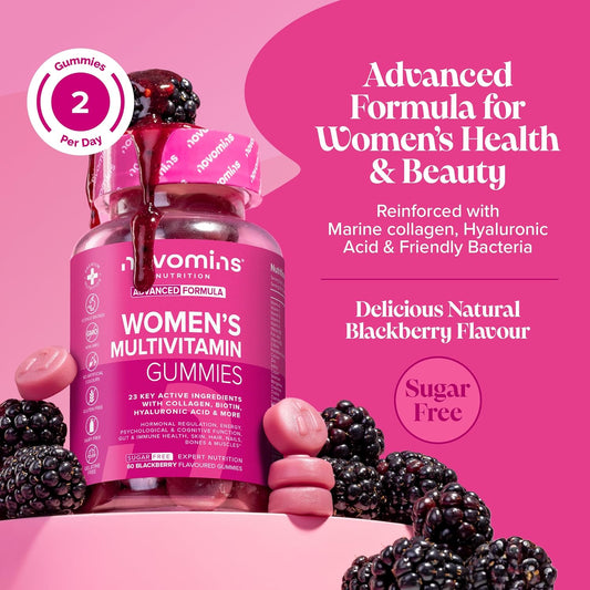 Multivitamin Gummies For Women - Marine Collagen, Hyaluronic Acid, Folic Acid - 23 Vitamins, Minerals & Probiotics For Women - Vitamin D, A, C, B, Biotin & Zinc – 60 Vitamin Gummies - Vegan - Novomins