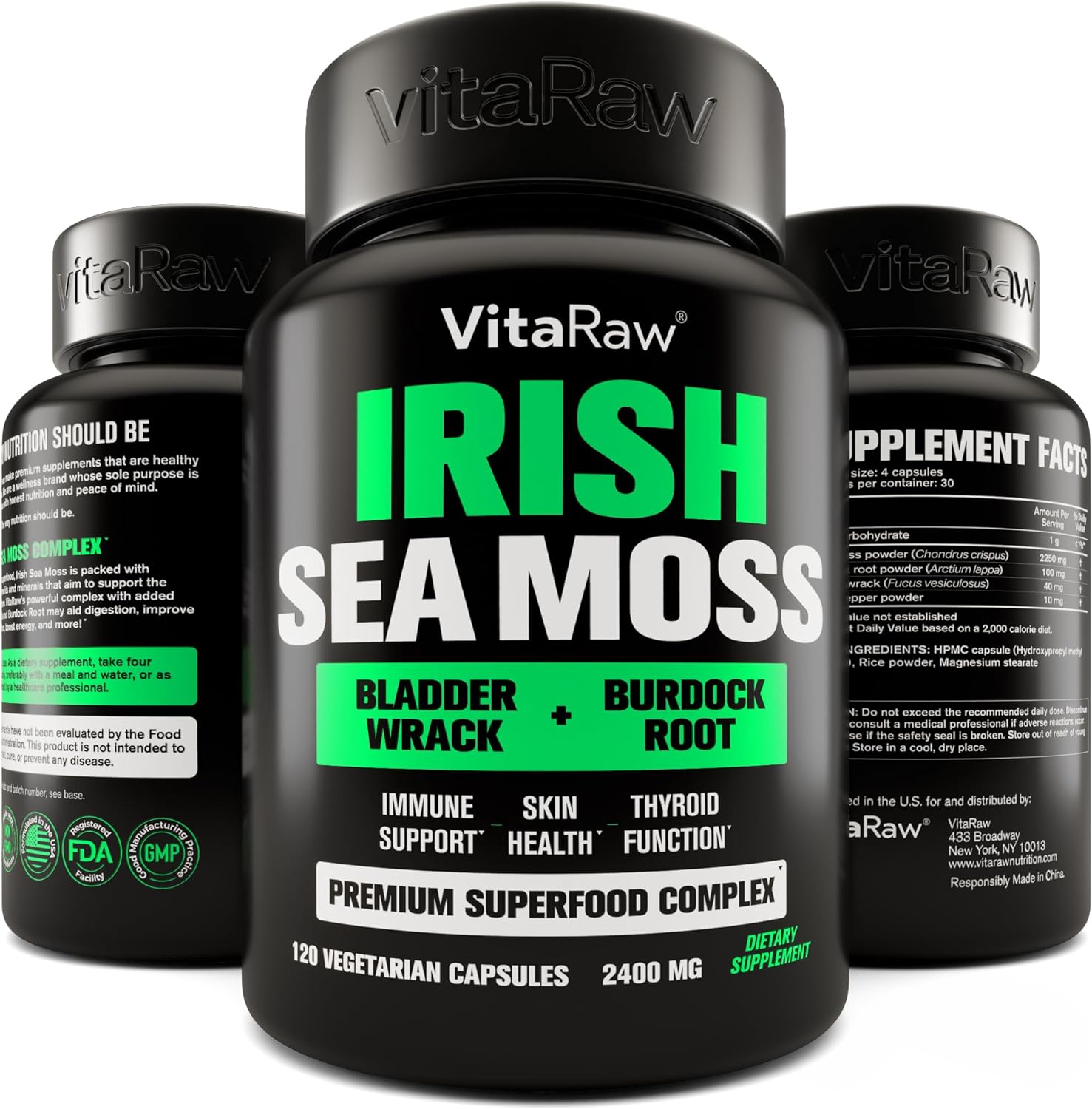 Organic Irish Sea Moss Capsules 2400 mg - Burdock Root and Bladderwrack Powder Real Seamoss Pills for Immune Support, Joint and Gut Health Help - Raw Sea Moss Advanced Herbal Supplement - USA Made