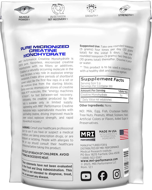 Mri Performance Creatine Monohydrate Powder 5G,100% Pure Micronized Creatine Supplement, Muscle Growth & Recovery, Build Muscle, Increase Strength, Performance, Endurance, 1000G, Unflavored