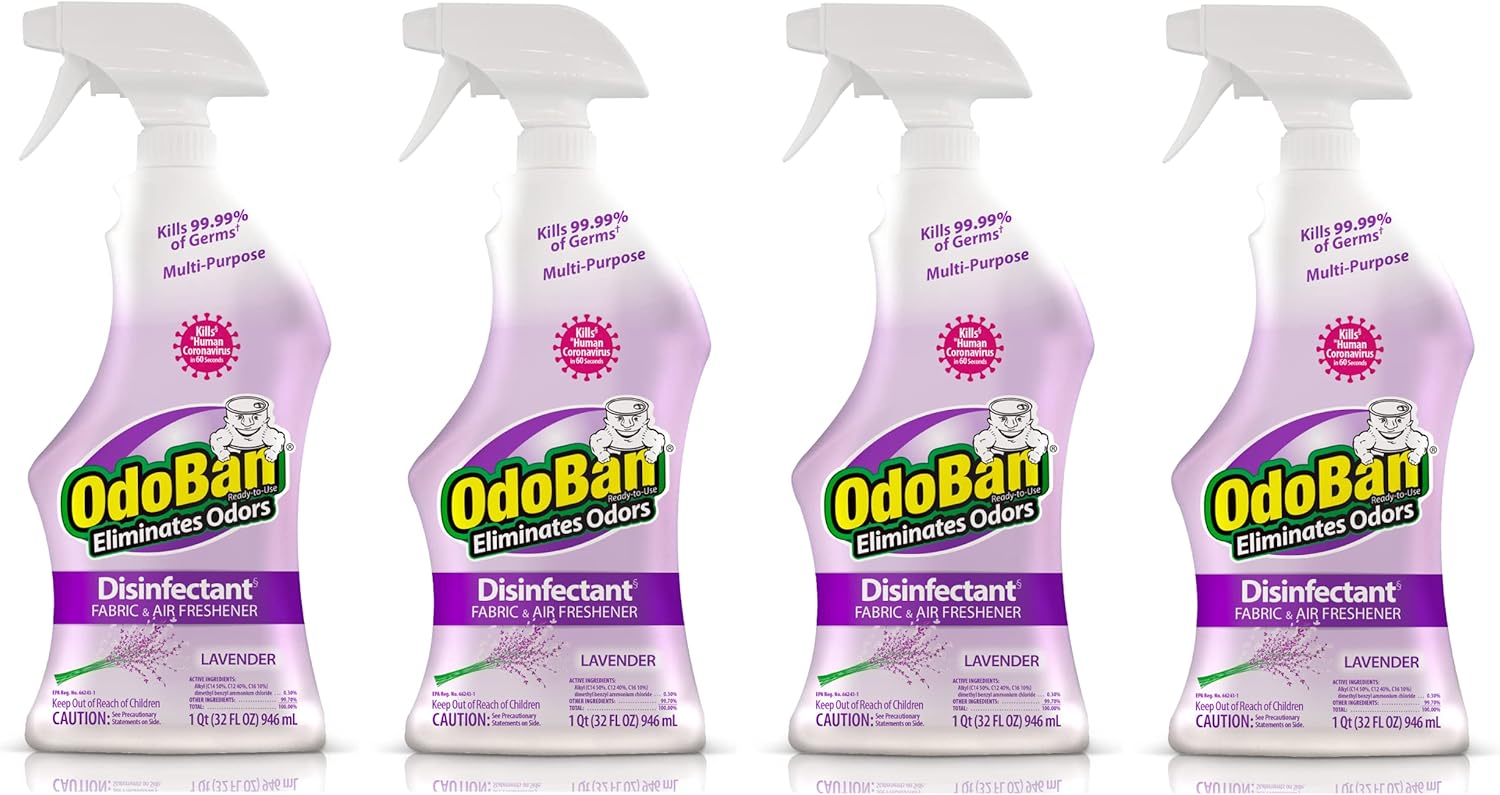 OdoBan Ready-to-Use Disinfectant and Odor Eliminator, Set of 4 Spray Bottles, 32 Ounces Each, Lavender Scent