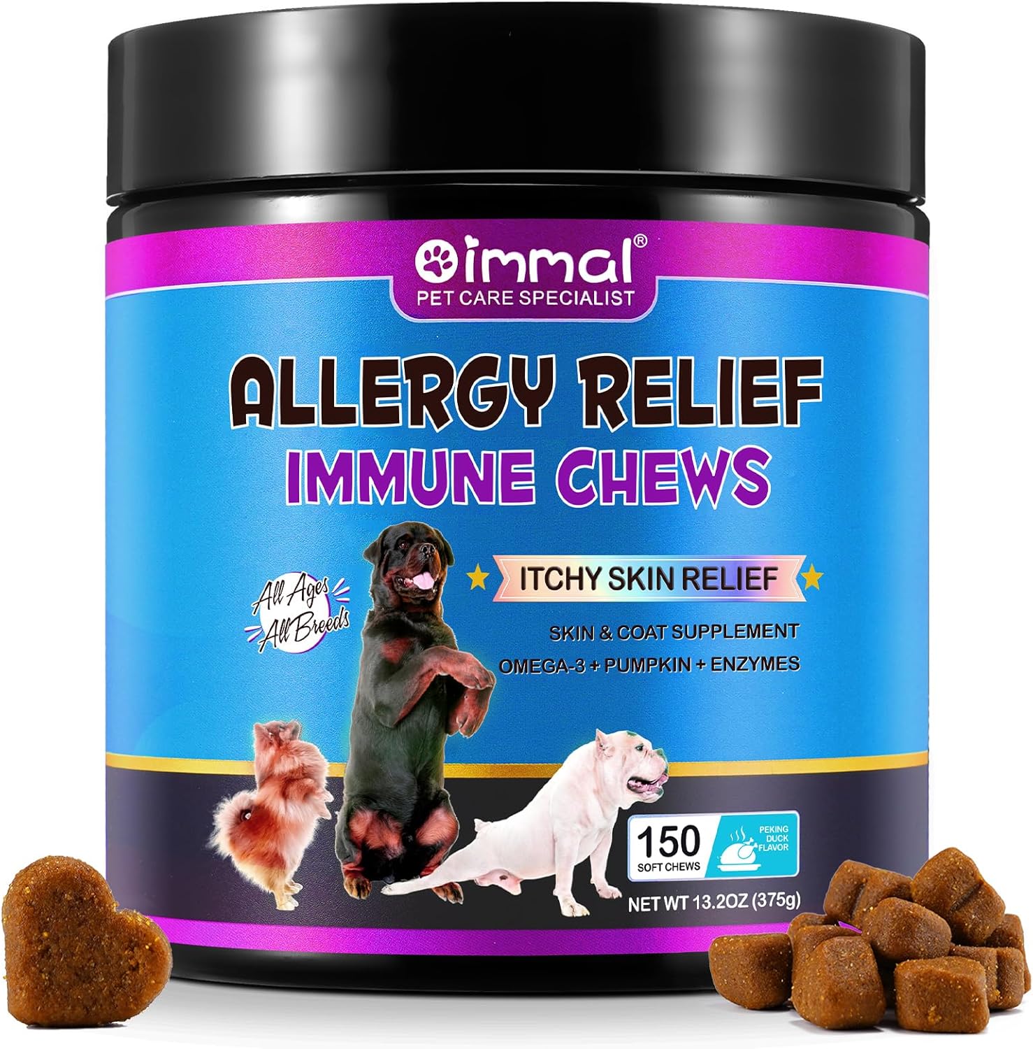 Hualijia Dog Allergy Relief Treats(150 Chews), Itch And Immunity Treats For Dogs - Soothe Itchy Skin, Paws, Eyes, Ears - Stop Itching, Licking, Scratching For All Breeds And Sizes, Peking Duck Flavor