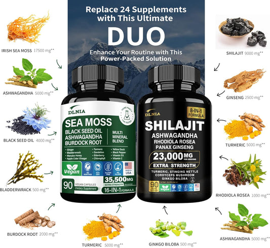 Shilajit 9000Mg, Sea Moss 17500Mg, Ginger & Black Seed Oil 4000Mg, Ashwagandha 5000Mg, Rhodiola Rosea, 1000Mg Panax Ginseng 1500Mg, All In 1 Supplement - Sea Moss & Shilajit Vitality Bundle