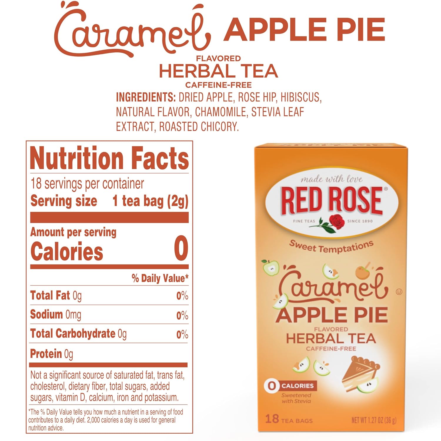Red Rose Sweet Temptations Dessert Tea Caramel Apple Pie, Zero Carbs, Zero Sugar Bursting With Flavor Caffeine-Free Delicious Beverage Herbal Tea, 18 Count Of Fruit Naturally Flavored Herbal Tea