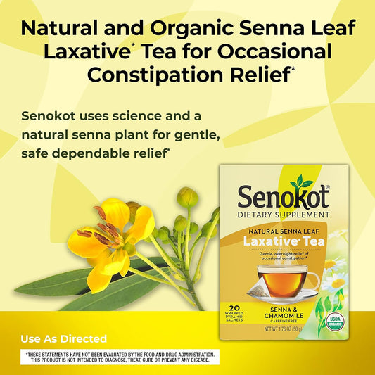 Senokot Dietary Supplement, Natural And Organic Senna Leaf, Laxative Tea For Occasional Constipation, 20 Wrapped Pyramid Sachets, Certified Organic