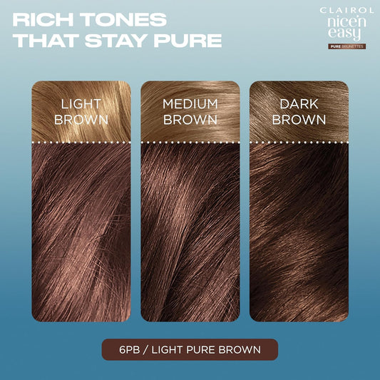 Clairol Nice N’ Easy Pure Brunettes Hair Colour | Pure And Rich Brown Tones | Smooth, Natural Hair Colour | With Pre-Colour Serum | 100% Grey Coverage | 6Pb Light Hazelnut Brown| Permanent Hair Dye