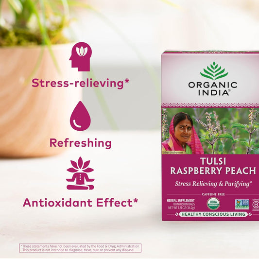 Organic India Tulsi Raspberry Peach Herbal Tea - Stress Relieving & Purifying, Immune Support, Gluten Free, Vegan, Kosher, USDA Certified Organic, Non-GMO, Caffeine-Free - 18 Infusion Bags