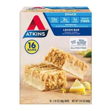 Atkins Snack Bar, Lemon Bar, 13G Protein, 3G Net Carbs, 1G Sugar, Made With Real Almond Butter, Gluten Free, High In Fiber, Keto Friendly, 16 Count