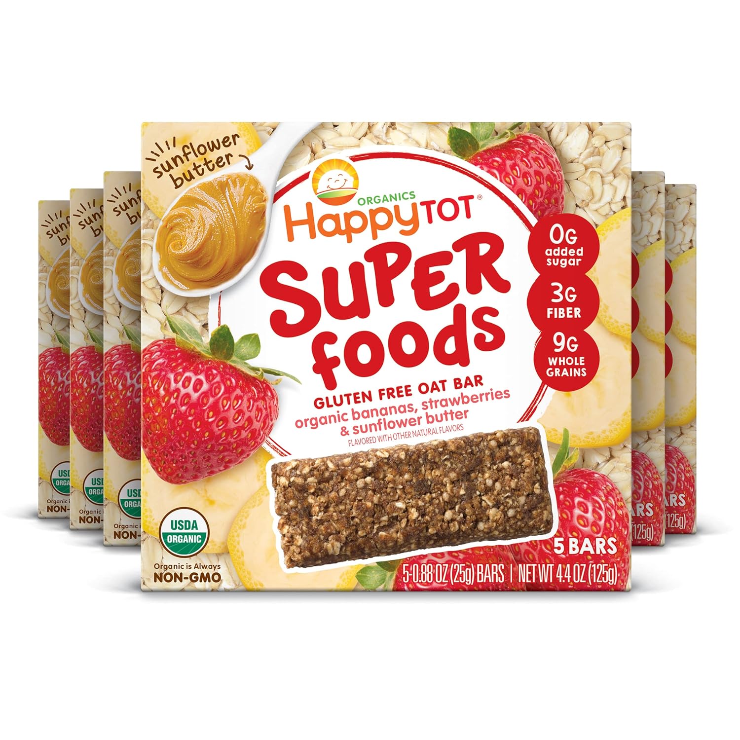 Happy Tot Organics Super Foods Oat Bars, Bananas, Strawberries & Sunflower Butter, 5 Count (Pack Of 6)