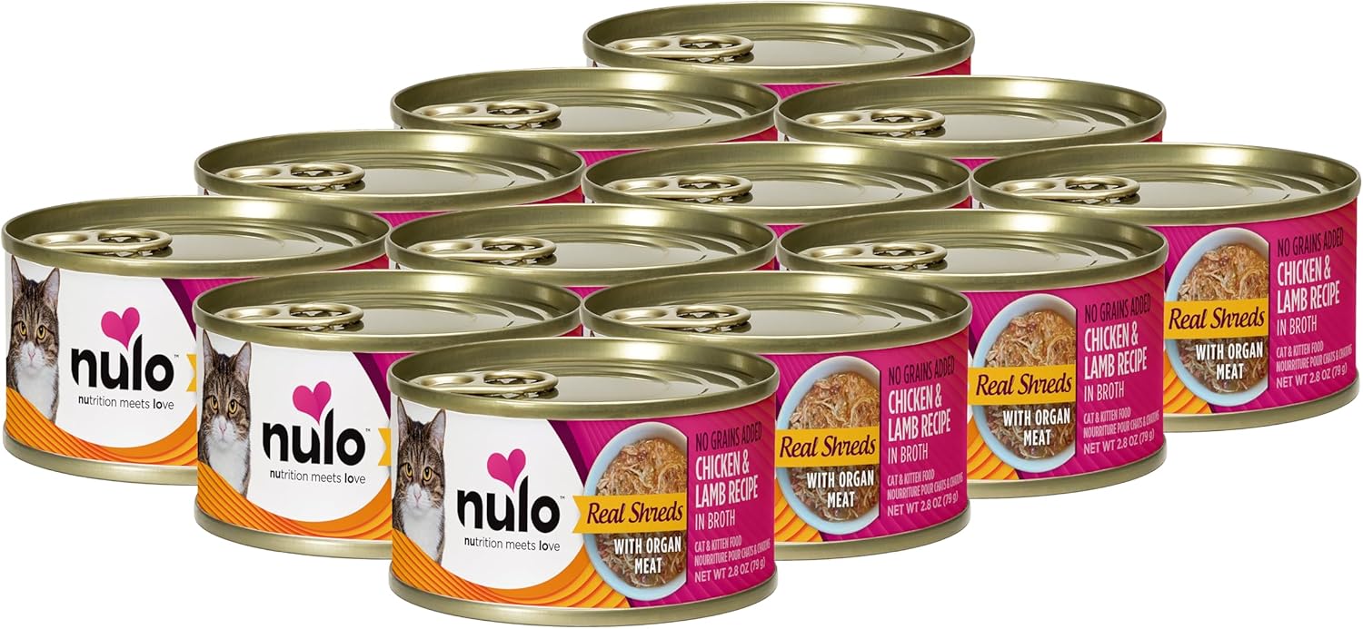 Nulo Grain-Free Real Shreds With Organ Meat Wet Canned Cat & Kitten Food, Chicken And Lamb In Broth, 2.8 Ounce, 12 Cans