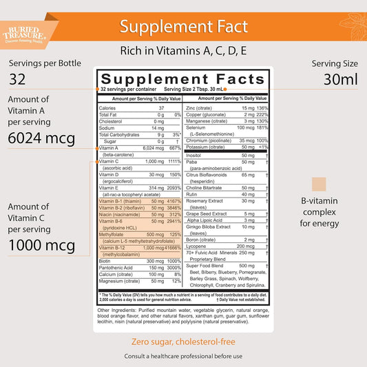 Buried Treasure Vm100 Daily Multi - 32 Servings, Liquid Vitamins Minerals Supplement With Dose Cup