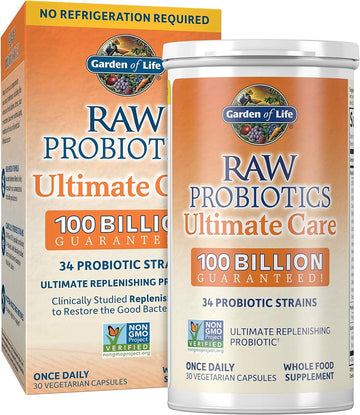 Garden Of Life Raw Probiotics For Women And Men Ultimate Care 100 Billion Cfu Shelf Stable Non Refrigerated Probiotic Supplement For Adults, Clinically Studied Strains, Digestive Enzymes, 30 Capsules