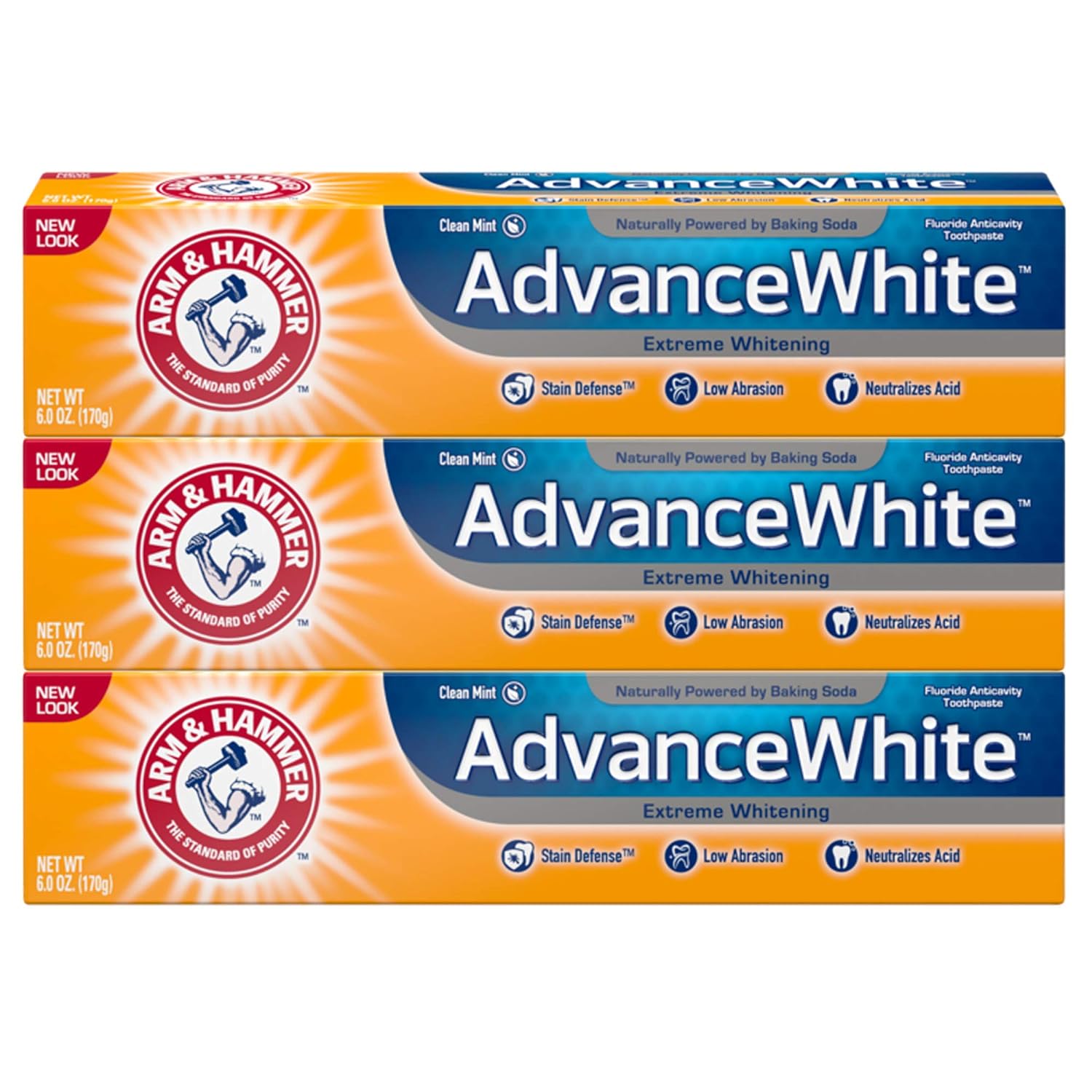 ARM & HAMMER Advanced White Extreme Whitening Toothpaste, TRIPLE PACK (Contains Three 6 Ounce Tubes) -Clean Mint - Fluoride Toothpaste (Pack of 3)