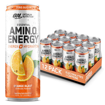 Optimum Nutrition Amino Energy Sparkling Hydration Drink, Electrolytes, Caffeine, Amino Acids, Bcaas, Sugar Free, Orange Blast, 12 Fl Oz, 12 Pack (Packaging May Vary)