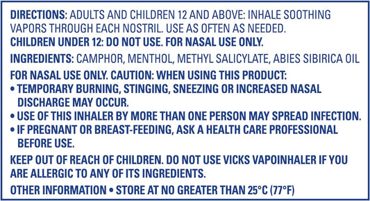 Vicks VapoInhaler, On-the-Go Portable Nasal Inhaler, Non-Medicated, With Refreshing Vicks Vapors, Menthol Scent , 2 Scented Sticks