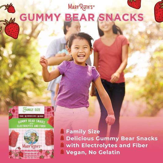 MaryRuth Organics Gummy Bears Snacks | Delicious Gummies with Electrolytes and Fiber | Gummy Candy Made with Organic Cane Sugar | Strawberry | Vegan, Pectin Based | Family Size | 240g