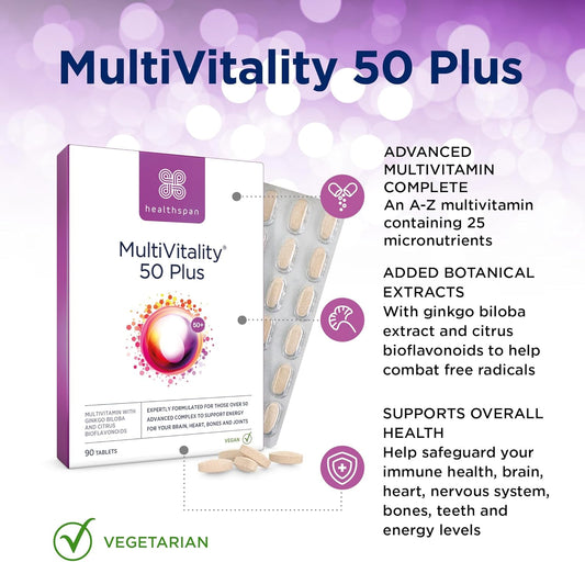 Healthspan Multivitamin 50 Plus (90 Tablets) | Advance Multivitamin for over-50's | Immune Health Support | 13 High Vitamins & 12 Minerals | Ginkgo Biloba & Citrus Bioflavonoids | Vegetarian