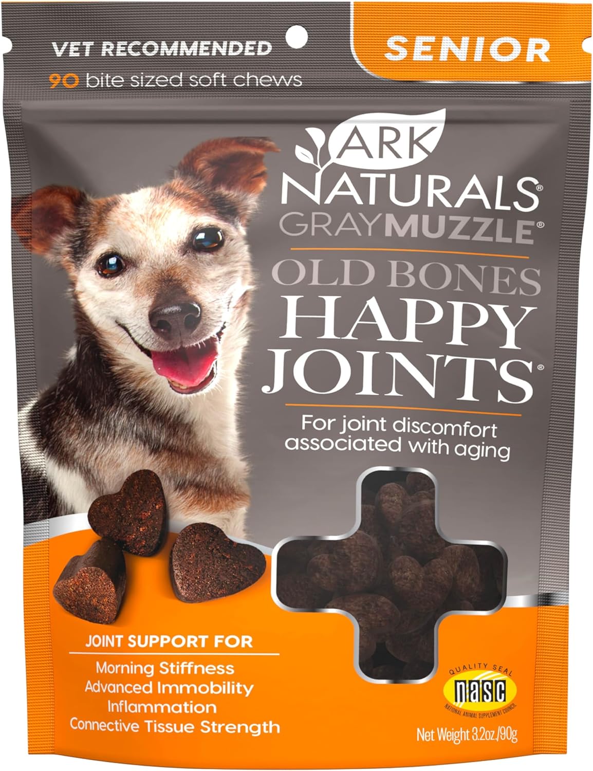 ARK NATURALS Gray Muzzle Old Dogs! Happy Joints! Vet Recommended to Support Cartilage and Joint Function, Glucosamine, 90 Soft Chews,Orange