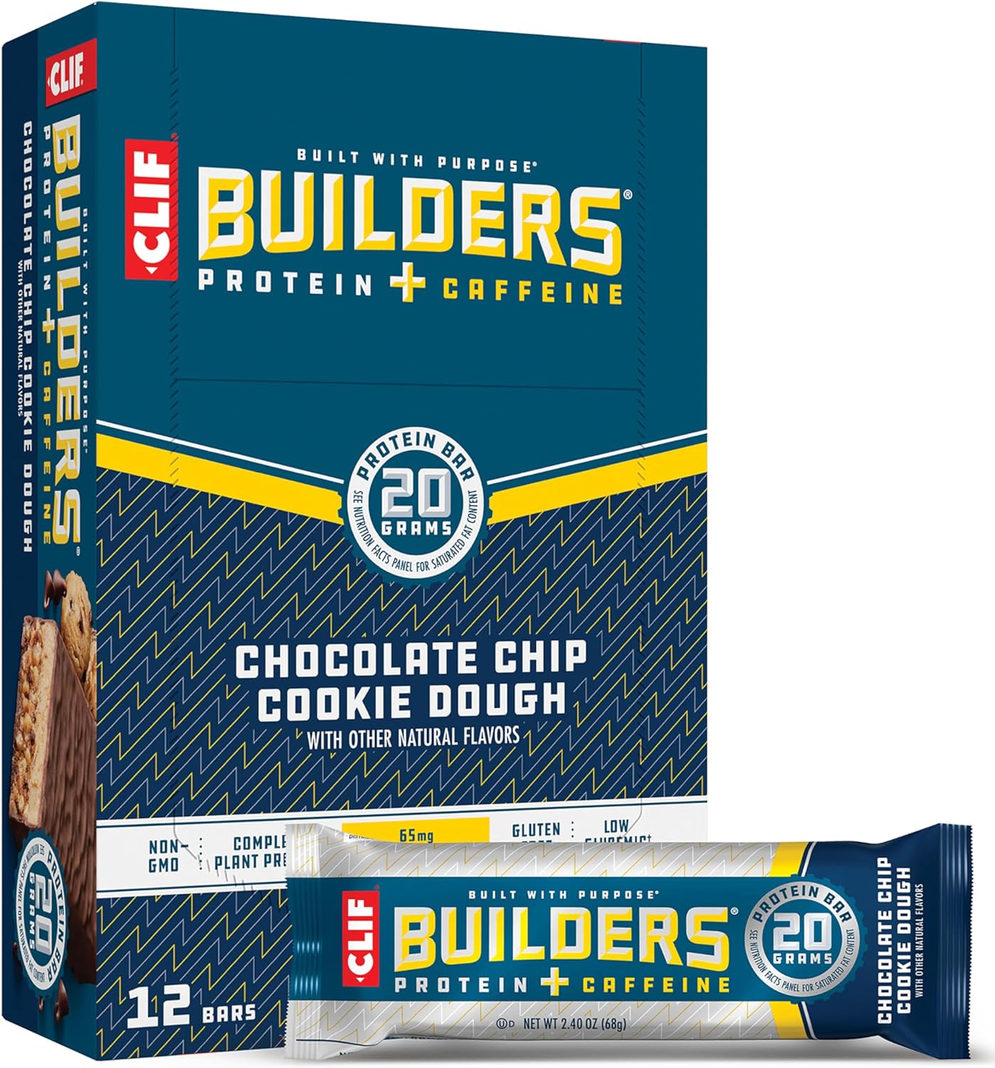 Clif Builders + Caffeine - Chocolate Chip Cookie Dough Flavor - Plant Based Protein Bars - Gluten Free - Non-Gmo - Low Glycemic - 20G Protein - 2.4 Oz. (12 Count)