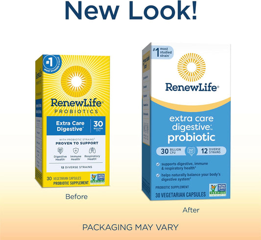 Renew Life Extra Care Digestive Probiotic Capsules, Daily Supplement Supports Immune, Digestive And Respiratory Health, L. Rhamnosus Gg, Dairy, Soy And Gluten-Free, 30 Billion Cfu, 30 Count