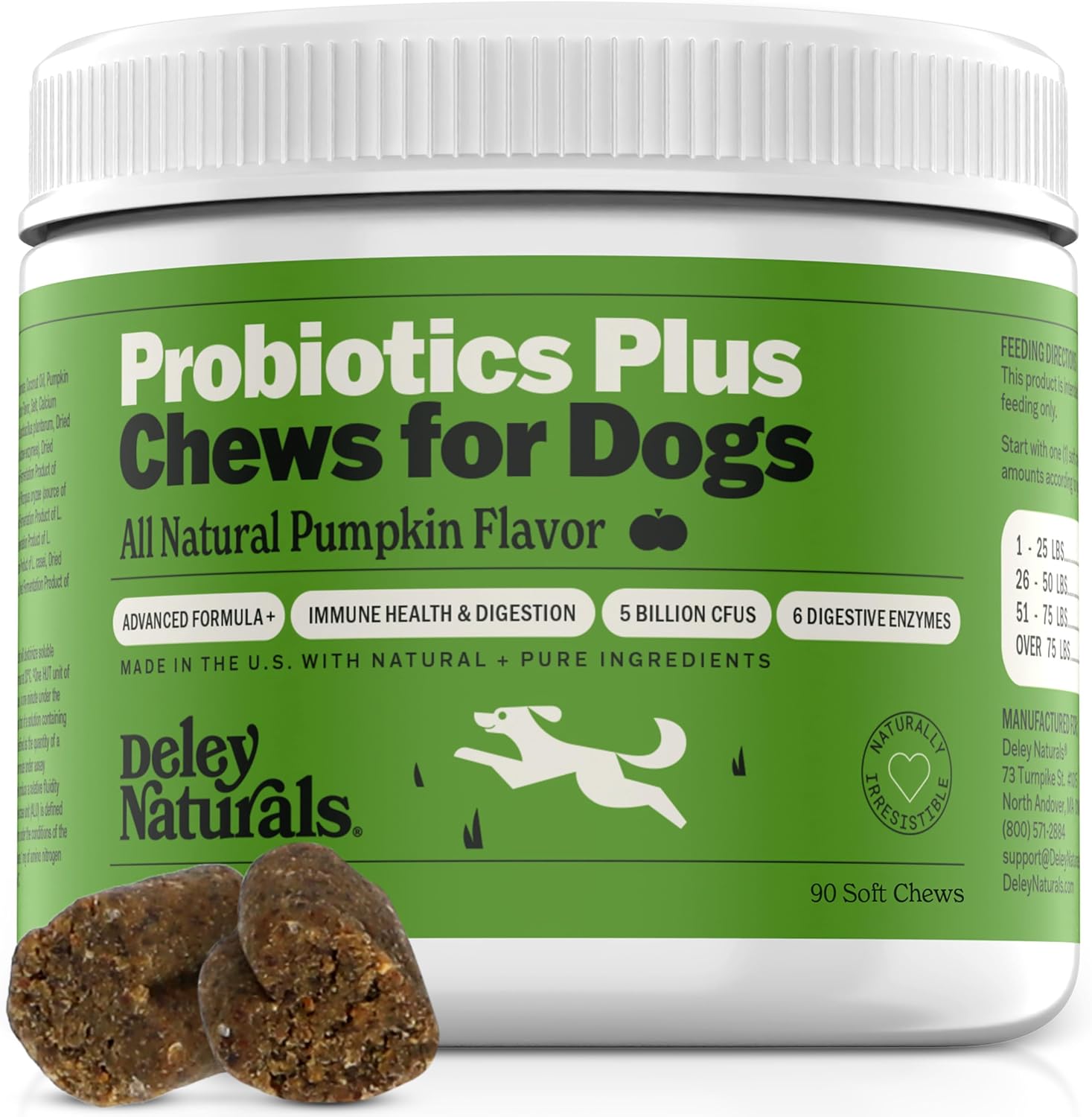 Deley Naturals Probiotics Plus Chews for Dogs, Gut Health Supplement, 5 Billion CFU's, Digestive Enzymes, Prebiotics, Dog Allergies, Diarrhea, Yeast, Pumpkin Flavor, 90 Count - Made in The USA
