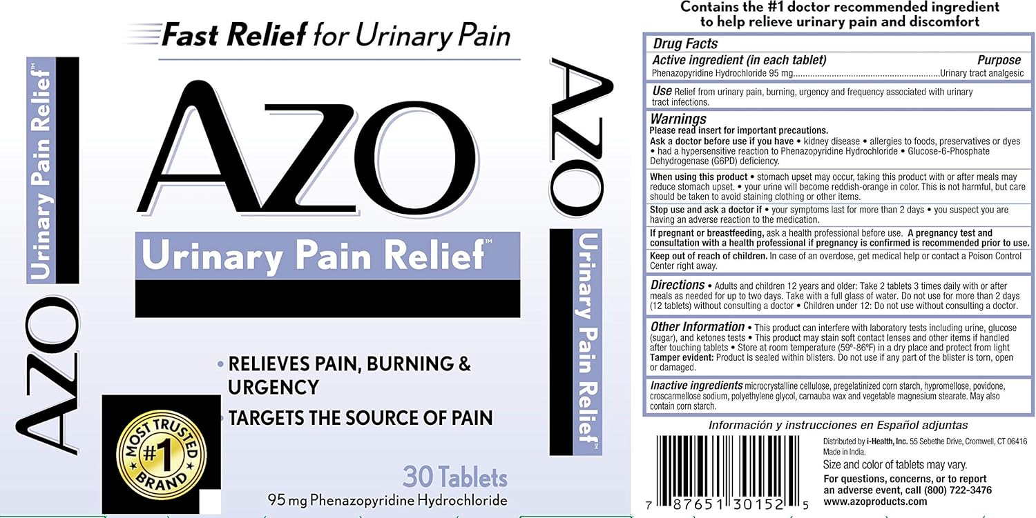 AZO Urinary Pain Relief, Dietary Supplement, Contains 95 mg Phenazopyridine Hydrochloride The #1 Ingredient Prescribed by Doctors Pharmacists Specifically for Urinary Discomfort†, 30 Count : Health & Household