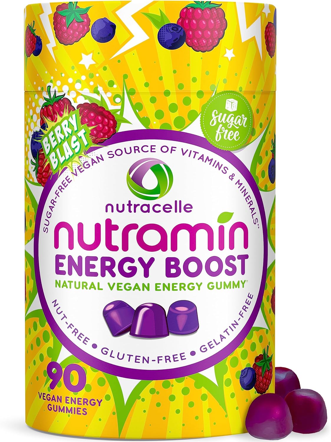 Nutracelle NUTRAMIN Energy Boost Vitamin Gummy - Skip The Coffee & Boost Your Energy, Caffeine-Free, Sugar-Free, Vegan, B12, Green Tea, Ashwagandha, Garcinia Cambogia, Raspberry Adaptogen - 90 ct