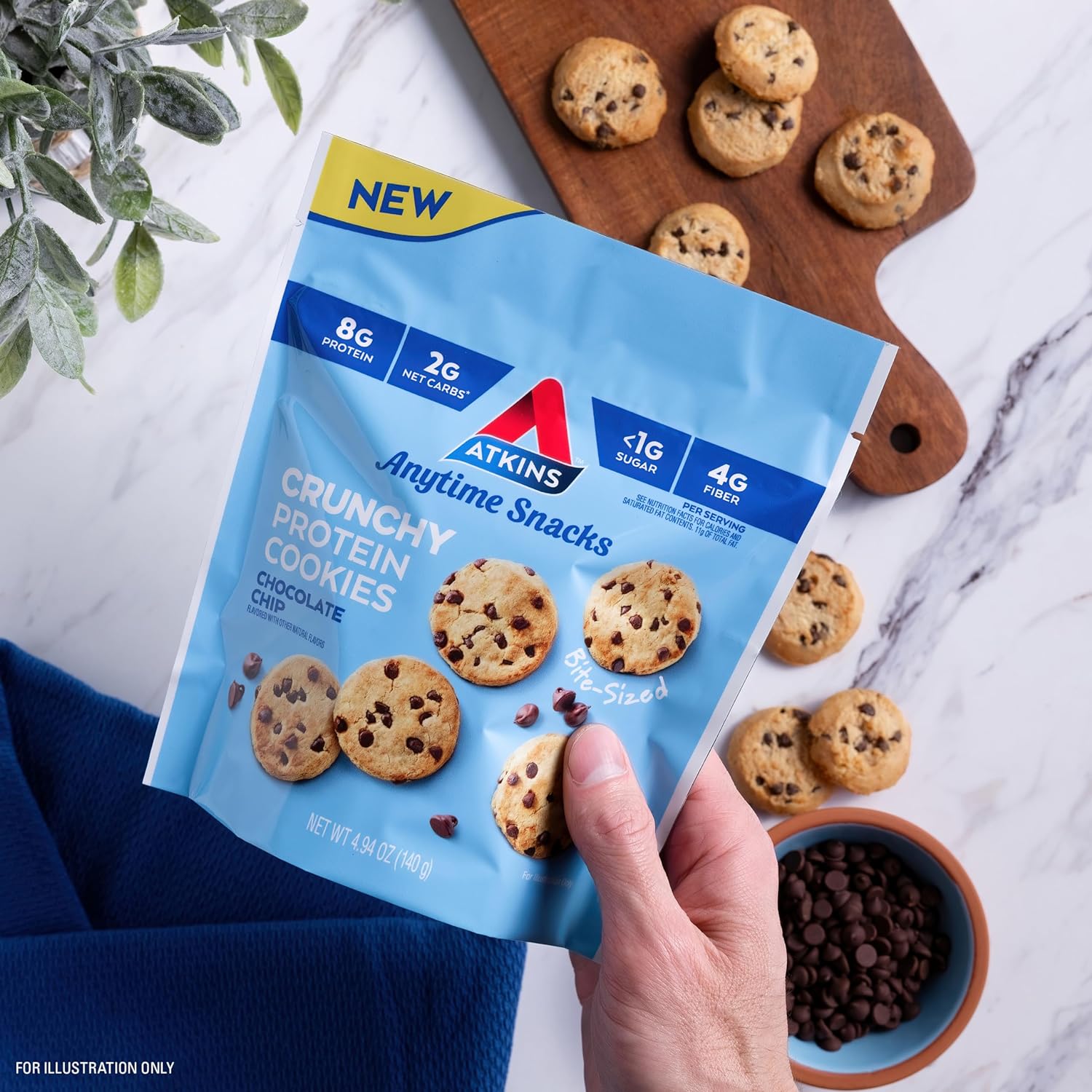 Atkins Bite-Sized Crunchy Protein Cookies, Chocolate Chip, 8g Protein, 4g Fiber, 1g Net Carb, 1g Sugar, Keto Friendly, 3 Bags (5 Servings Per Bag) : Everything Else