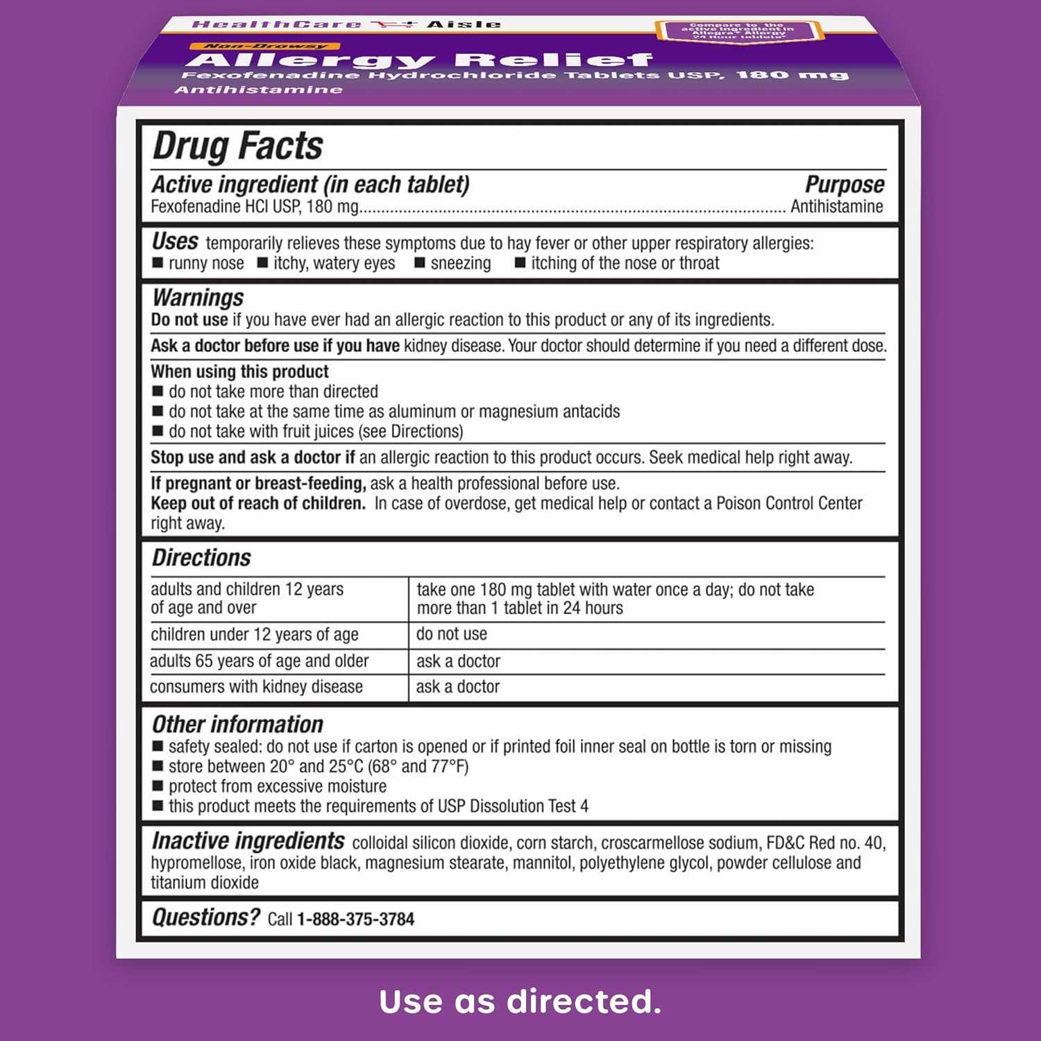 Healthcareaisle Allergy Relief - Fexofenadine Hydrochloride Tablets Usp, 180 Mg - 180 Tablets - Allergy Medication, Non-Drowsy 24-Hour Relief