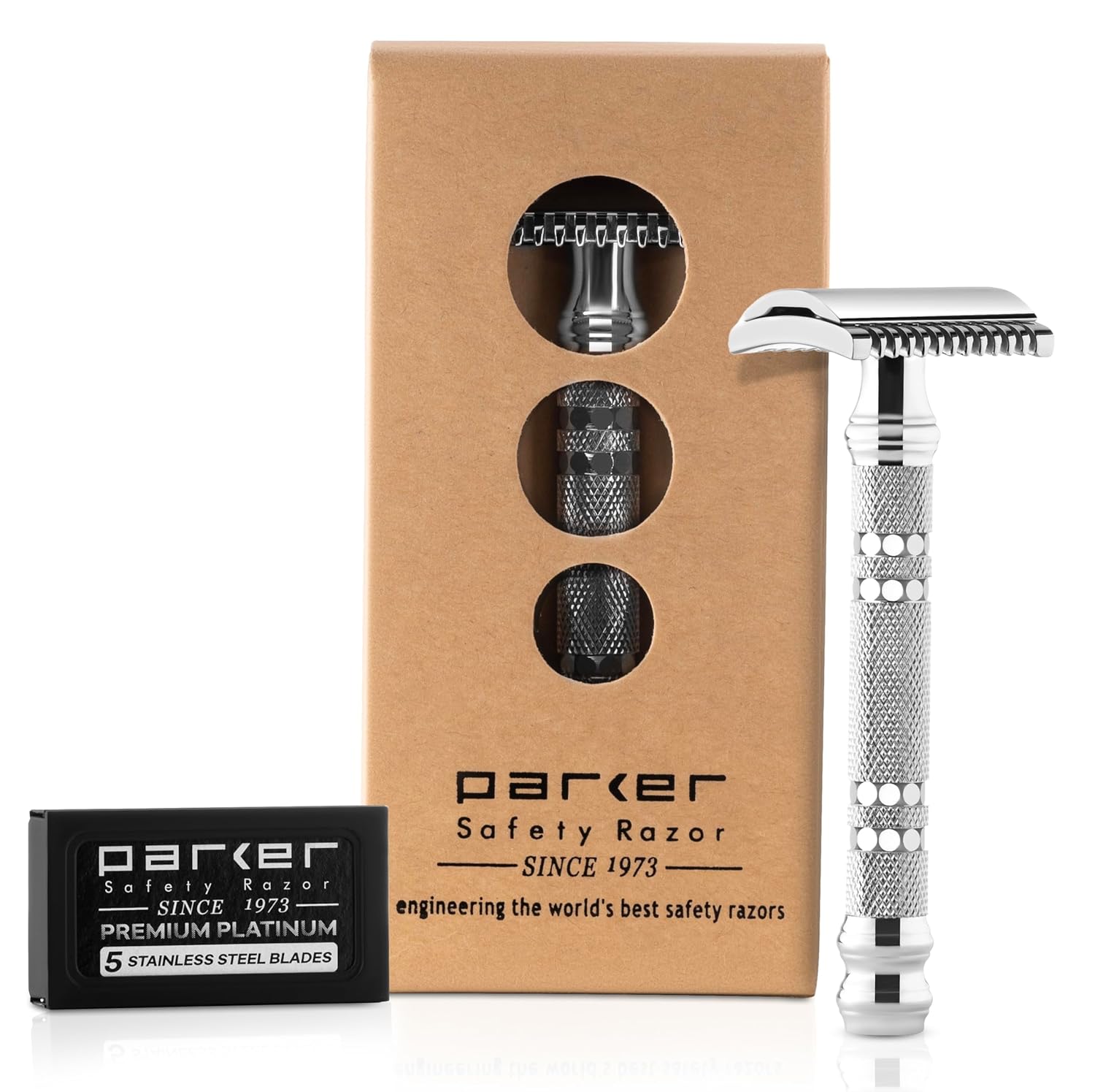 Parker Open Comb Double Edge Safety Razor – Heavyweight Chrome Handle For Closer Shaves – Includes 5 Razor Blades – Ideal For Men With Thick Or Coarse Beards (24C-Chrome)