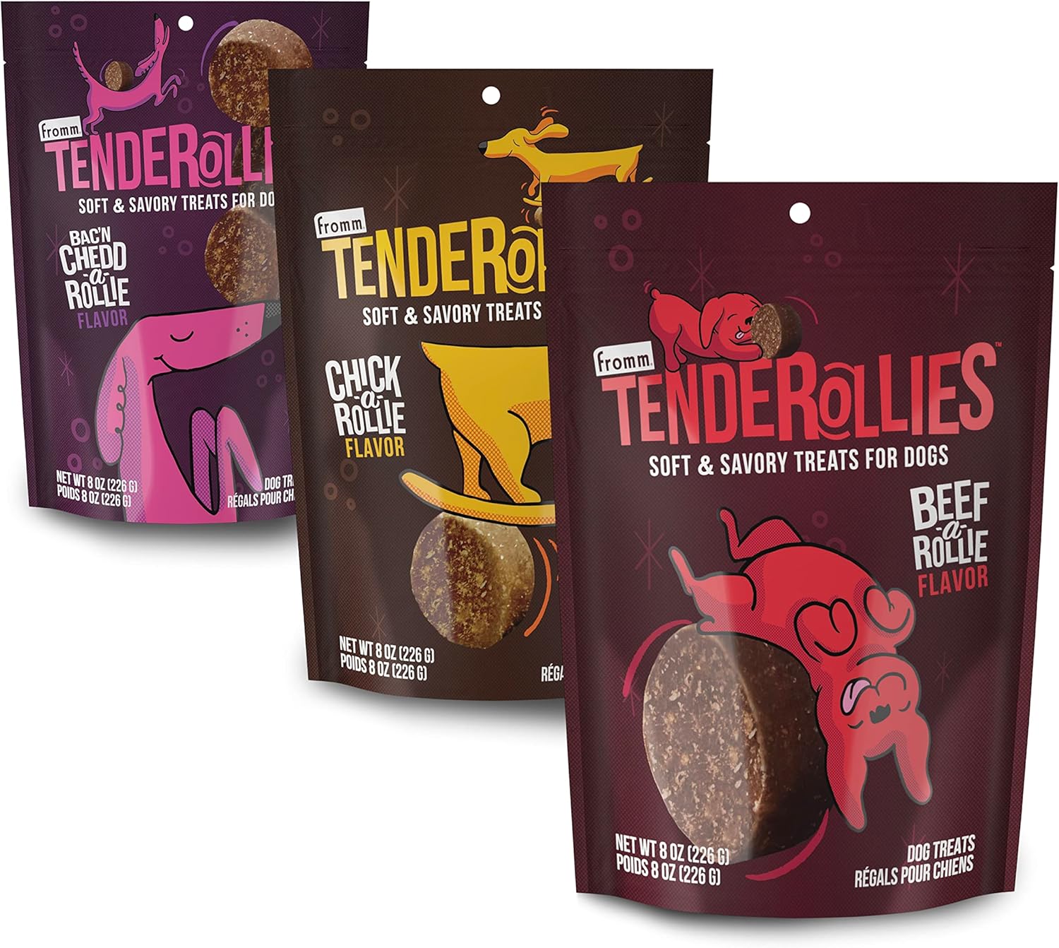 Fromm Tenderollies Dog Treat Variety Pack - Premium Soft & Savory Dog Treat Sample Pack (Bacon, Beef, Chicken) - Pack Of (3) 8 Oz Bags