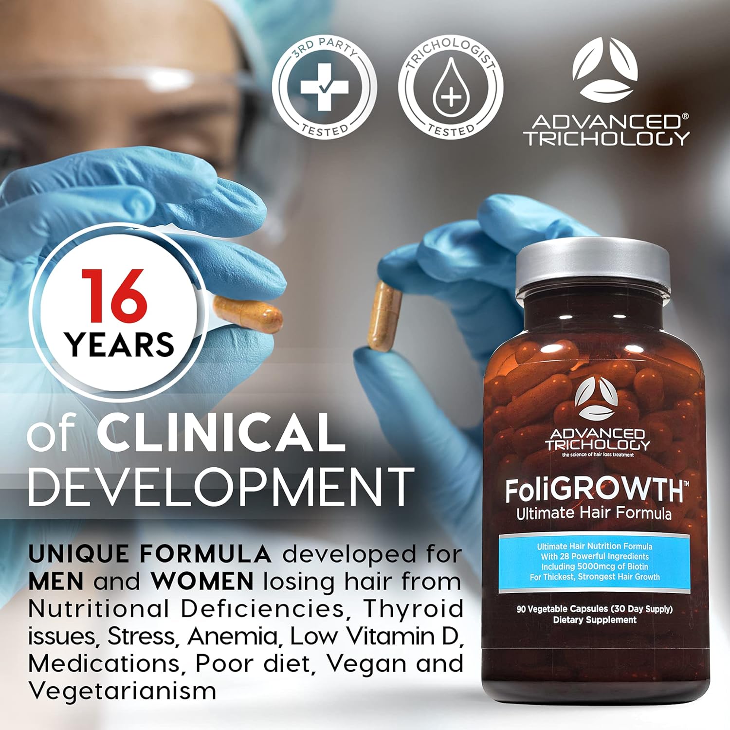 Advanced Trichology FoliGROWTH Hair Growth Supplement for Thicker Fuller Hair, Approved by the American Hair Loss Association, Backed by 20 Years of Experience in Hair Loss Treatment Clinics : Beauty & Personal Care