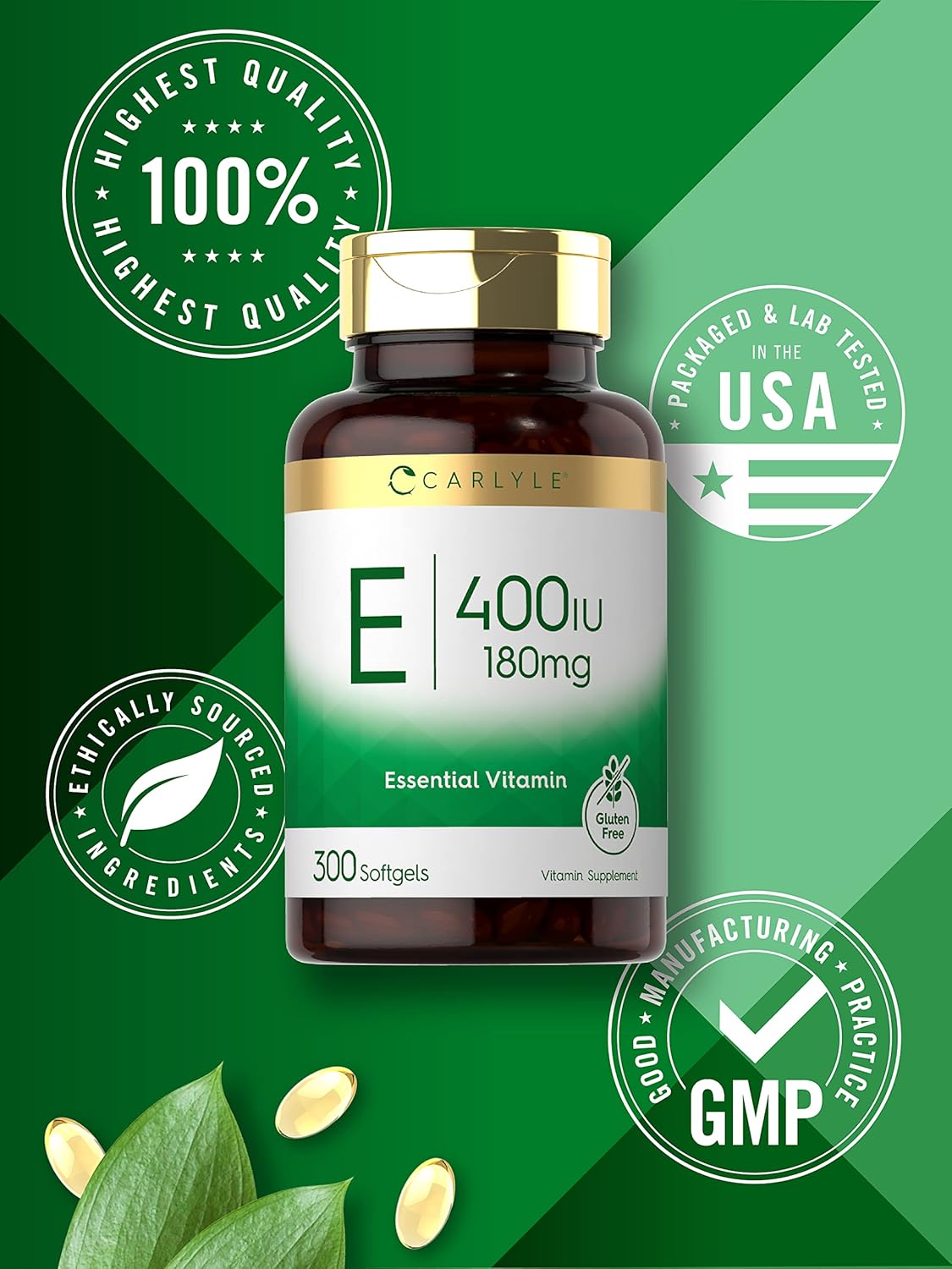 Carlyle Vitamin E Softgel Capsules 400 IU | 180mg | 300 Count | Non-GMO and Gluten Free Formula : Health & Household