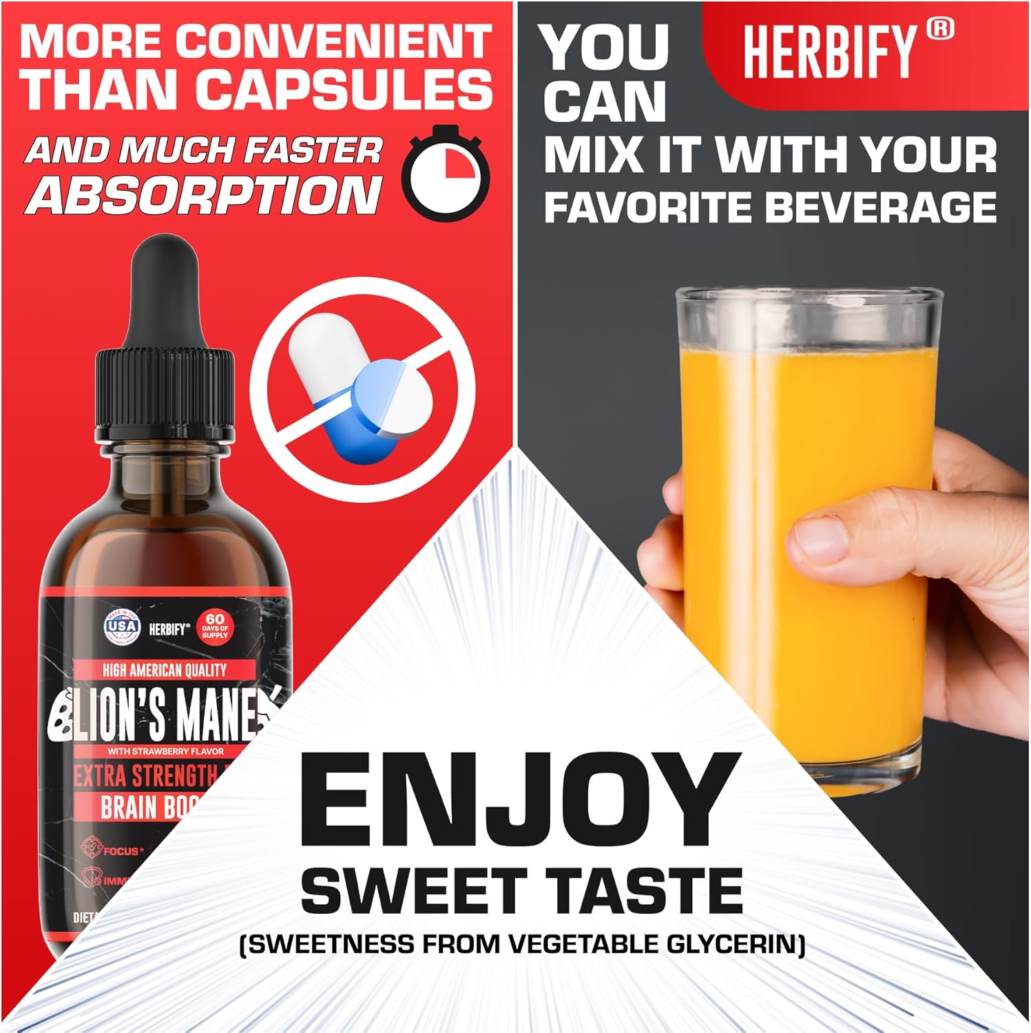 Herbify Lions Mane Supplement - Daily Mushroom Supplement For Memory, Focus & Clarity - Brain Booster - Lions Mane Tincture For Immune Support - 4 Fl Oz Grape Flavor : Health & Household