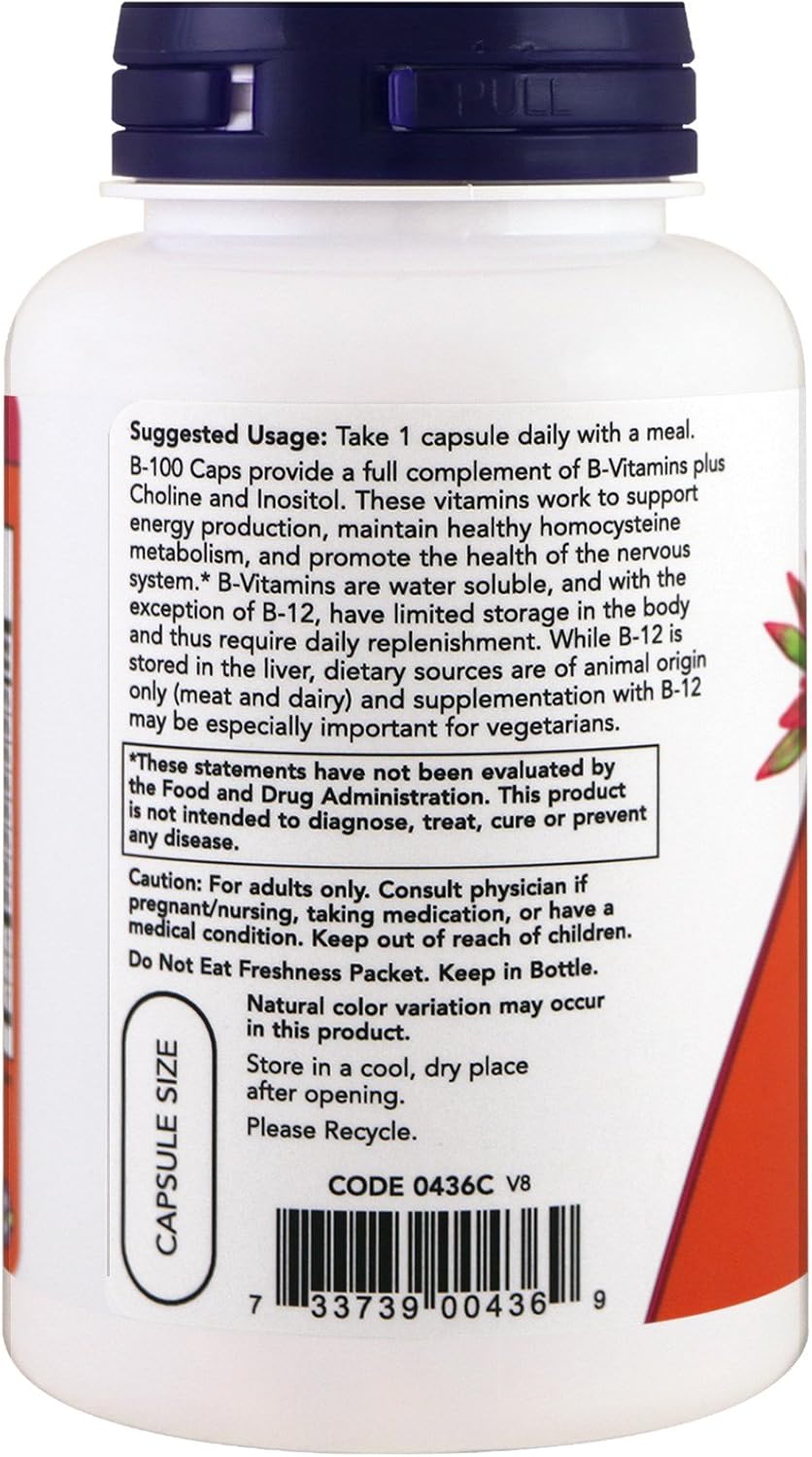 NOW Foods Supplements, Vitamin B-100, Energy Production*, Nervous System Health*, 100 Veg Capsules : Health & Household