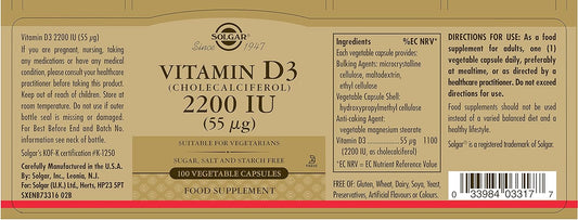 Solgar Vitamin D3 (Cholecalciferol) 55 Mcg (2200 Iu), 100 Vegetable Capsules - Helps Maintain Healthy Bones & Teeth - Immune System Support - Non-Gmo, Gluten Free, Dairy Free, Kosher - 100 Servings