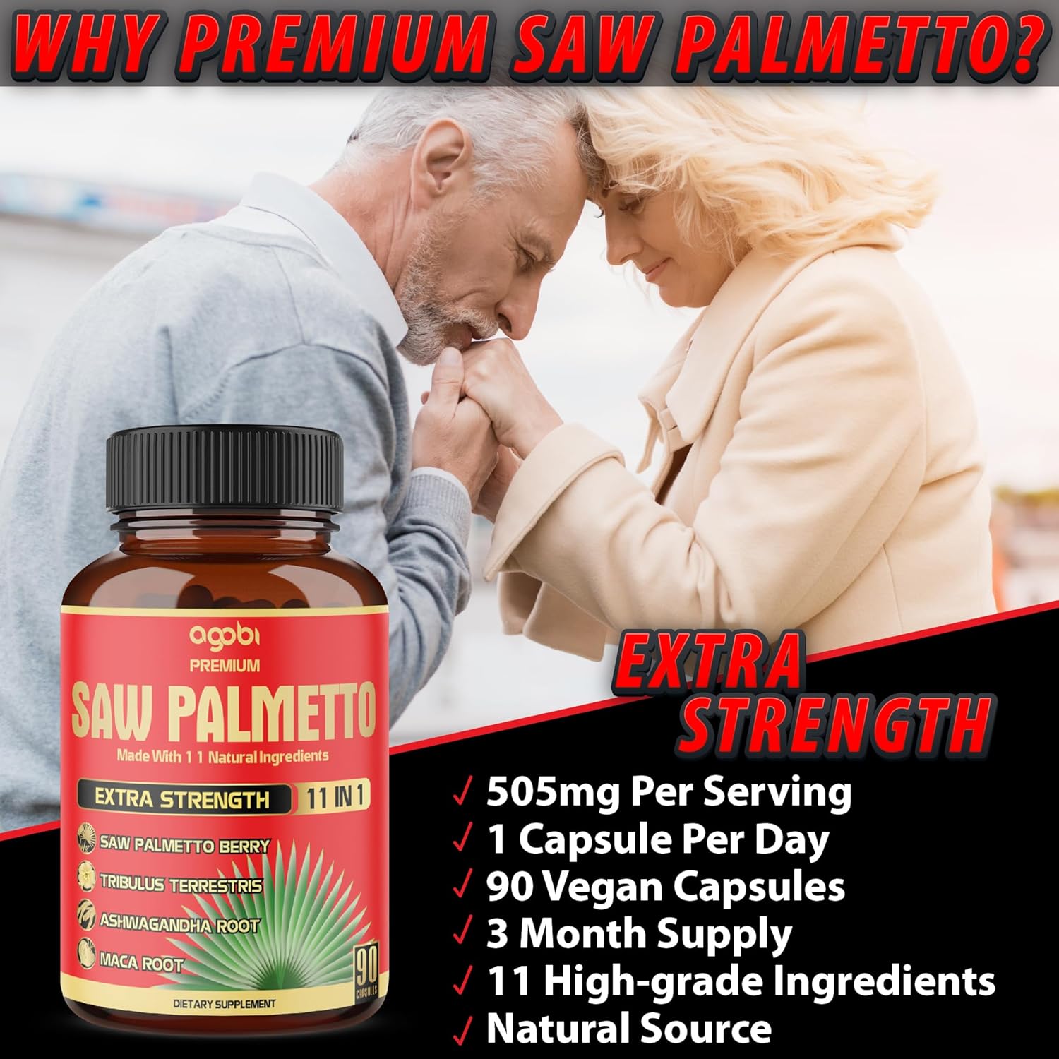 Agobi Saw Palmetto Supplement With Maca Root - High Extract Support For Hair Health, Restful Mood, Immune System & Energy Production - 150 Veggie Capsules : Health & Household