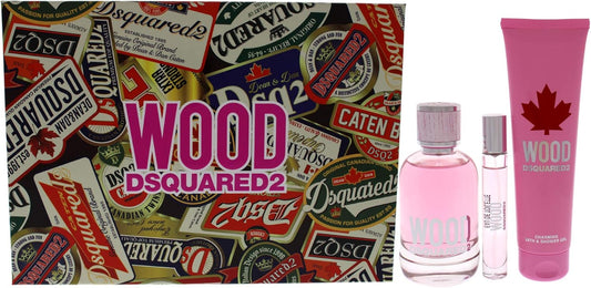 Dsquared2 Wood For Women 3 Pc Gift Set 3.4Oz Edt Spray, 0.3 Edt Travel Spray, 5.0Oz Bath And Shower Gel