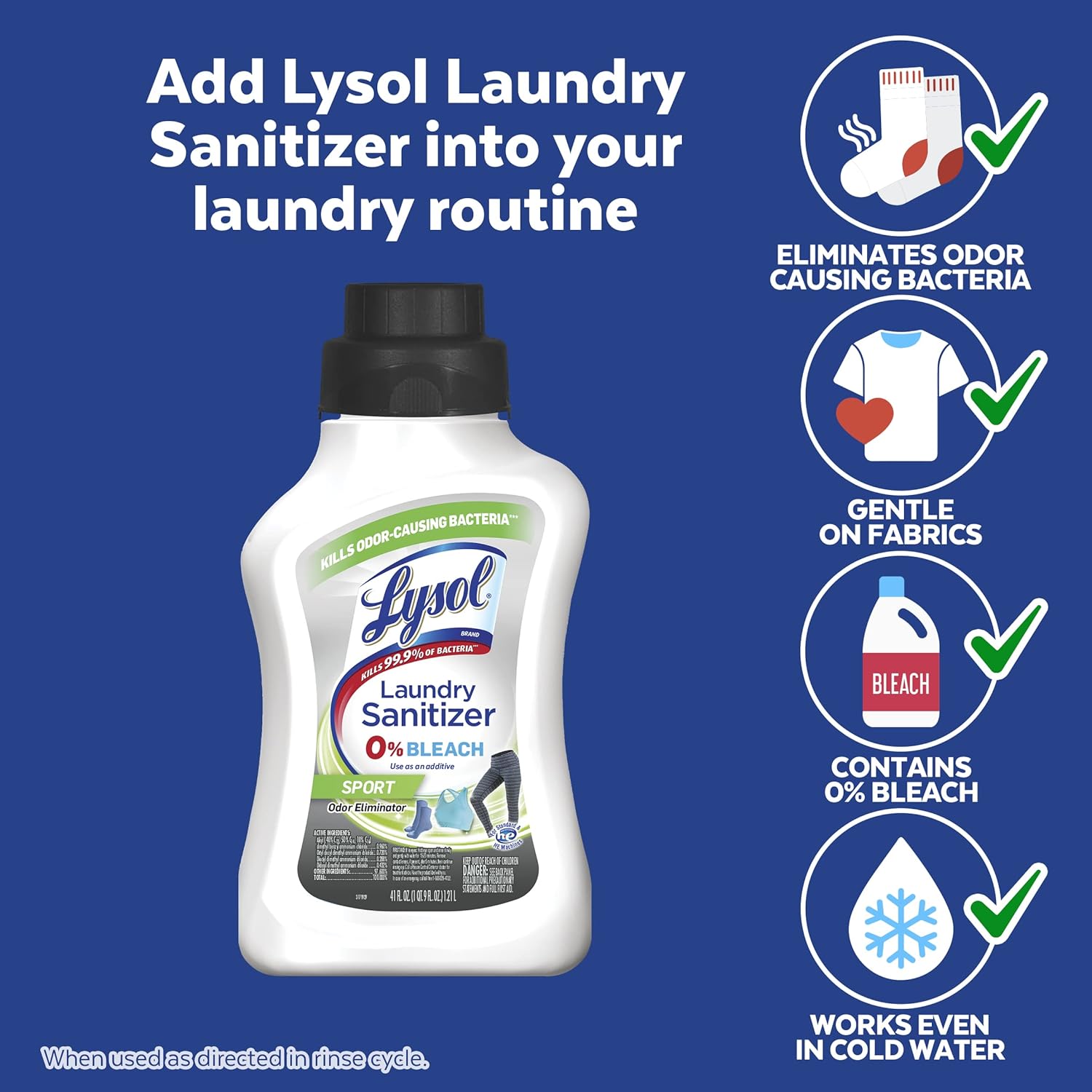 Lysol Sport Laundry Sanitizer Additive, Sanitizing Liquid for Gym Clothes and Activewear, Eliminates Odor Causing Bacteria, 41oz : Health & Household