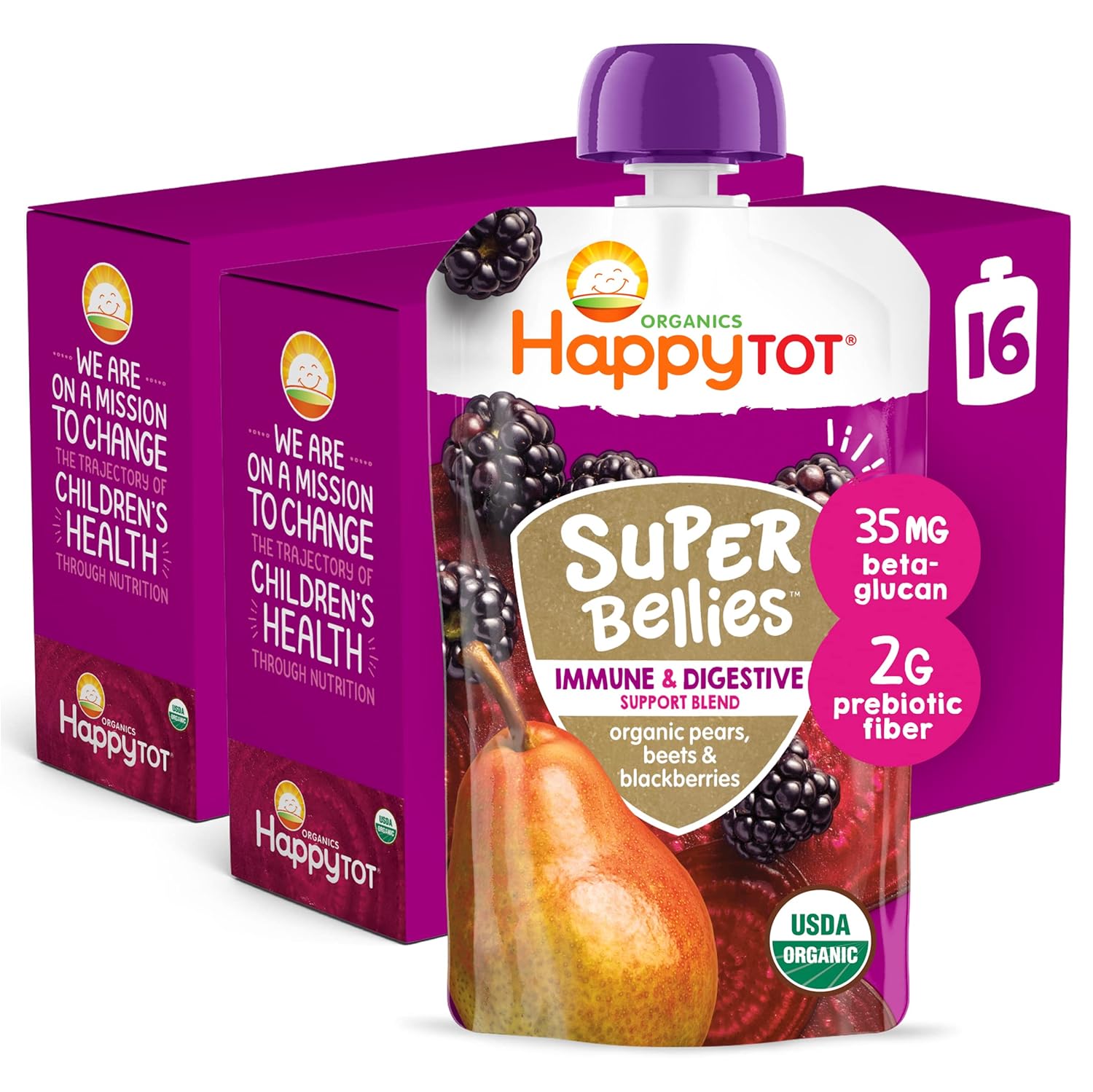 Happy Tot Organics Stage 4 Baby Food Pouches, Gluten Free, Vegan Snack, Super Bellies, Fruit & Veggie Puree, Pears, Beets & Blackberries 4 Ounce (Pack Of 16)