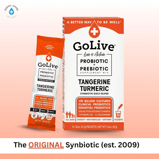 Golive Prebiotic And Probiotic For Women, Men, Kids. Tangerine Turmeric Synbiotic Powder W/ L-Glutamine, Vitamin D3, Electrolytes. For Gut Health, Digestion, Metabolism, Immunity 15-50B Cfus