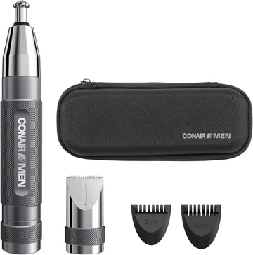 Conair Men Ear, Nose And Eyebrow Trimmer, Patented 360° Bevel Blade For No Pulls, Nicks Or Cuts Guaranteed, Nose Hair Trimmer For Men, Non-Slip Grip, 5-Piece Kit With Travel Case