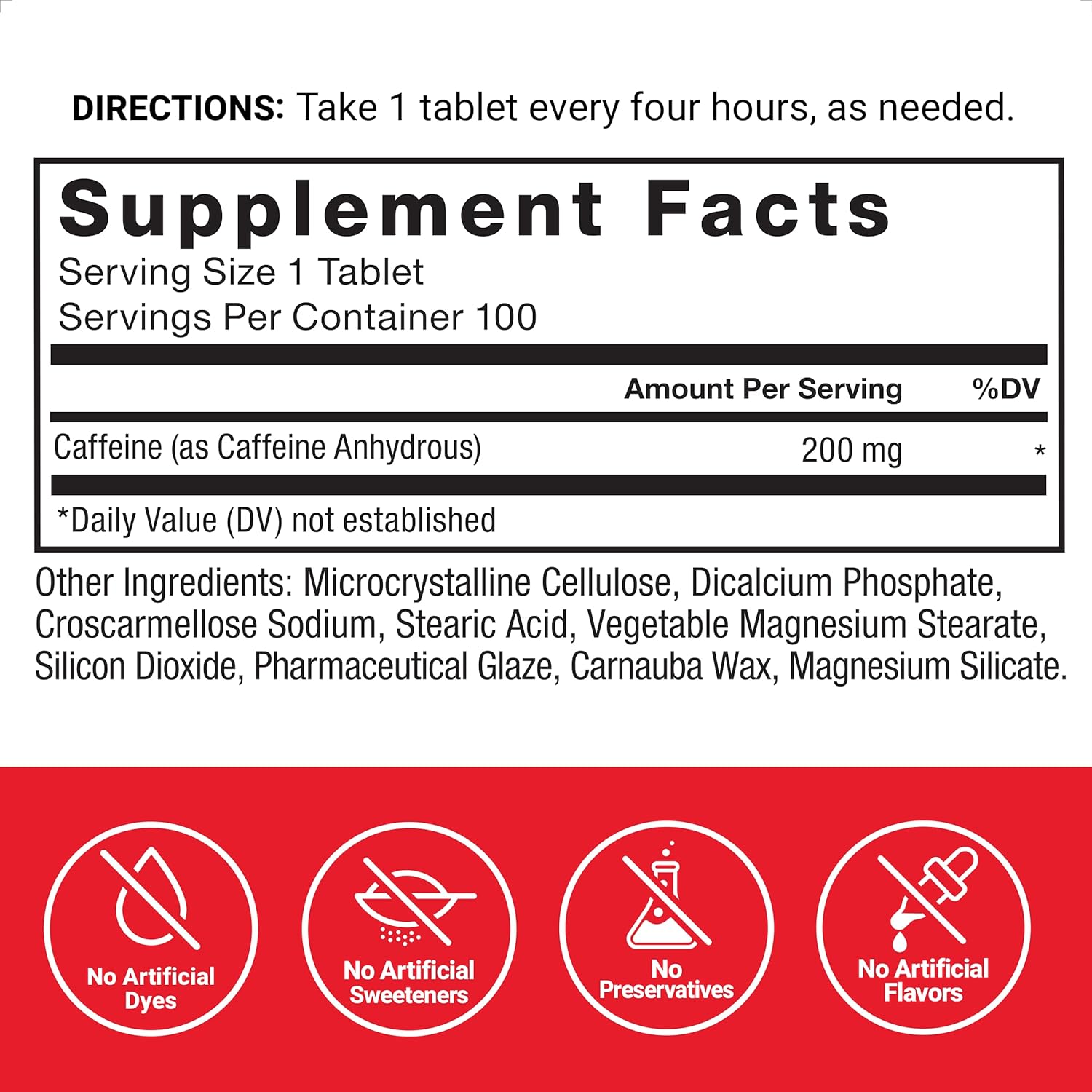 Force Factor Caffeine Pills 200mg, Caffeine Tablets to Boost Energy, Focus, Strength, and Performance, Premium Quality Caffeine Pills and Energy Supplement, 100 Tablets : Health & Household